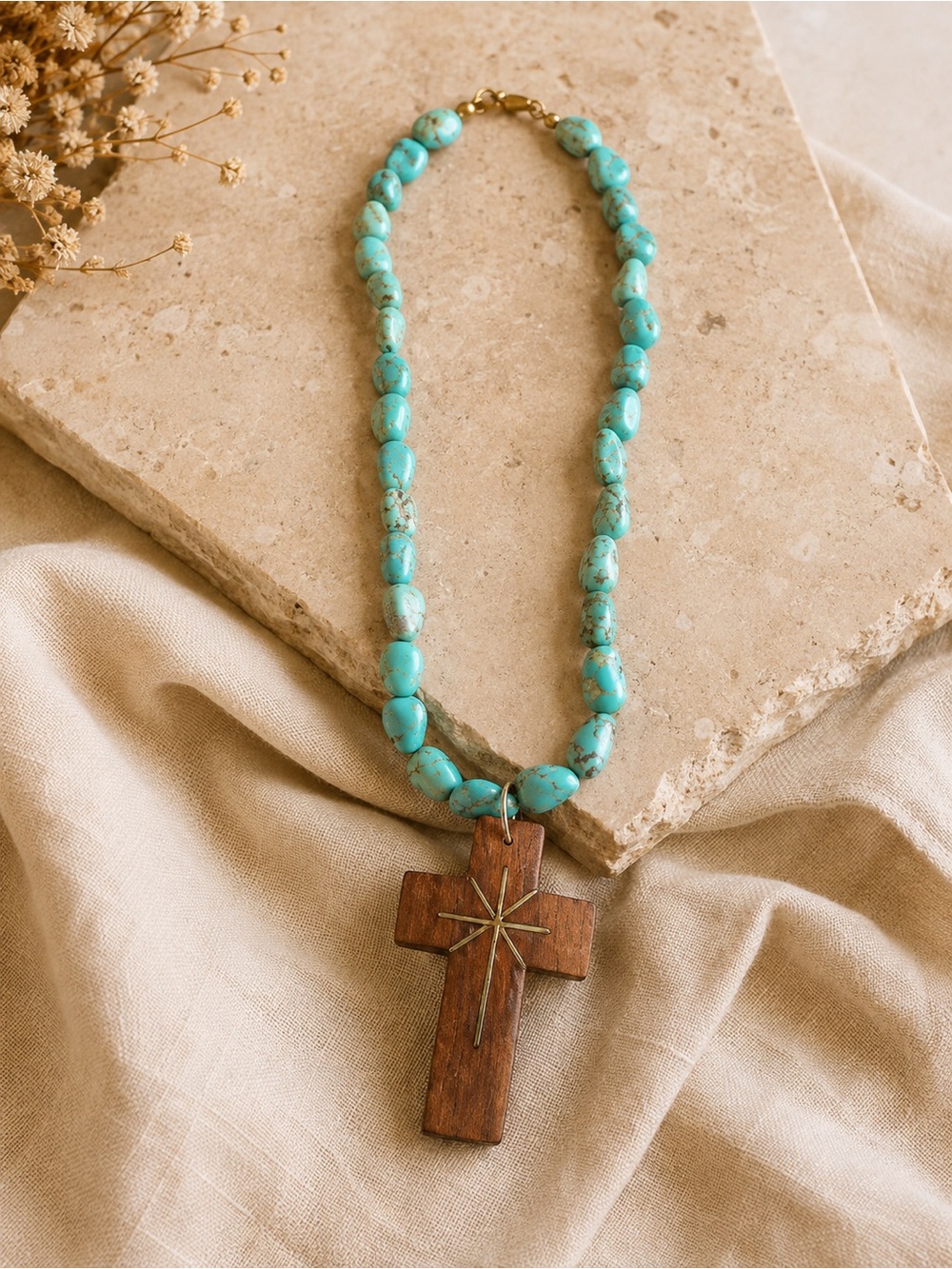 Vintage Turquoise Bead Wooden Cross Necklace • Rustic Boho Christian Statement
